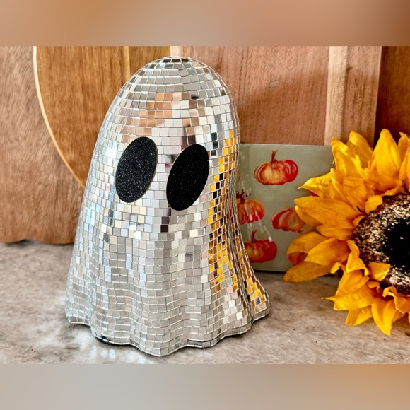 New Halloween Fall Disco Ball Mirrored Silver Sparkle Spooky Ghost Decor - 7” - Picture 1 of 8